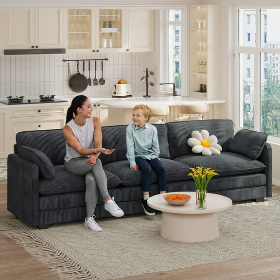 Lofka 110" Plush Corduroy Sofa Couch with 2 Pillows for Living Room, 440 LBS, Dark Gray