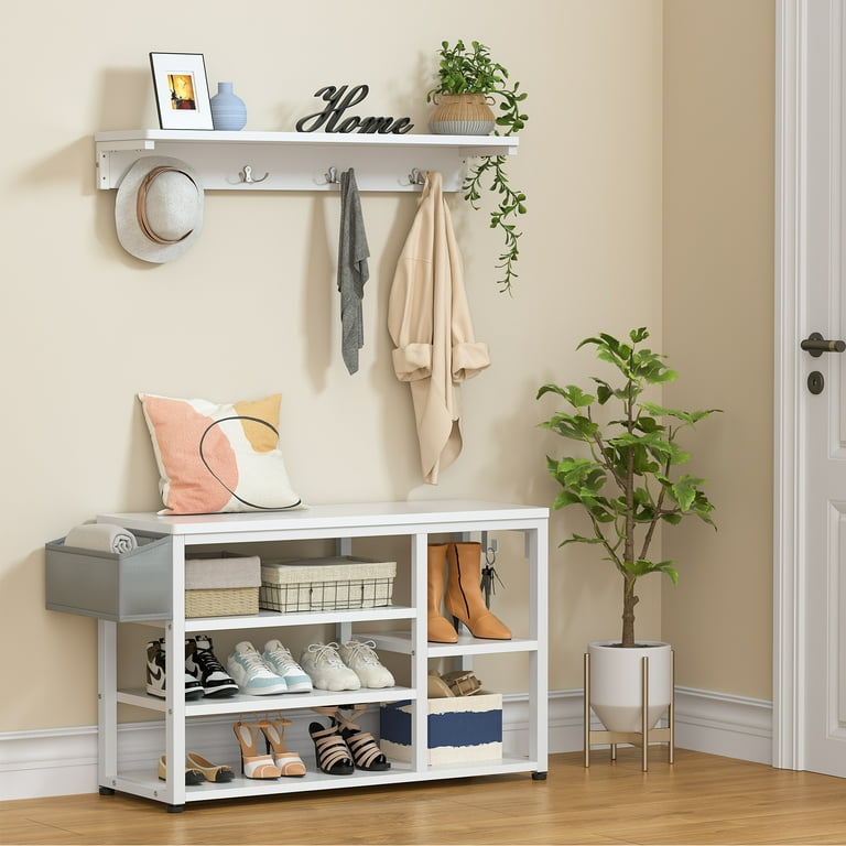 White Wood 3-in-1 Coat Rack Hall Tree Shoe Storage Shoe Bench with 6-M