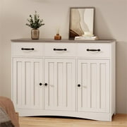 Lofka Coffee Bar, 42" Kitchen Cabinet with Spacious Desktop 3 Drawers, 3 Doors, 3 Adjustable Shelf, Gray+White
