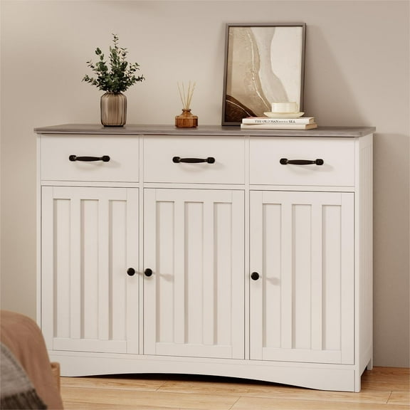 Lofka Coffee Bar, 42" Kitchen Cabinet with Spacious Desktop 3 Drawers, 3 Doors, 3 Adjustable Shelf, Gray+White