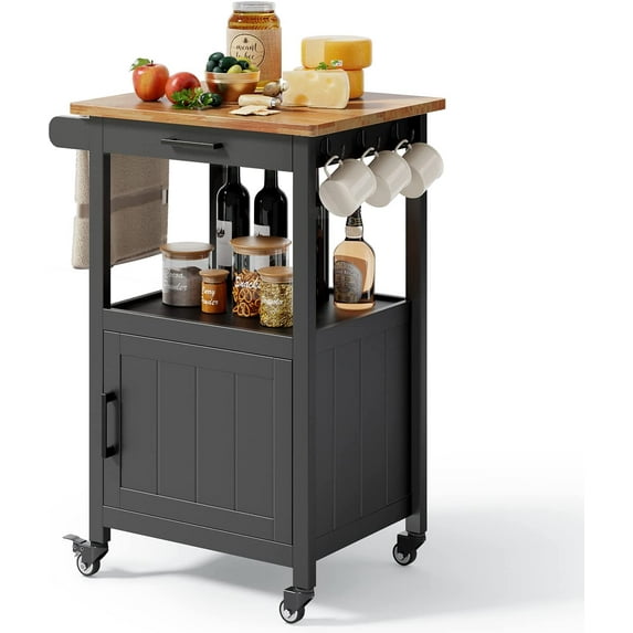 Lofka Coffee Bar Microwave Cart with Storage, Kitchen Cart with Cabinet, Towel Rack, Hooks, Black