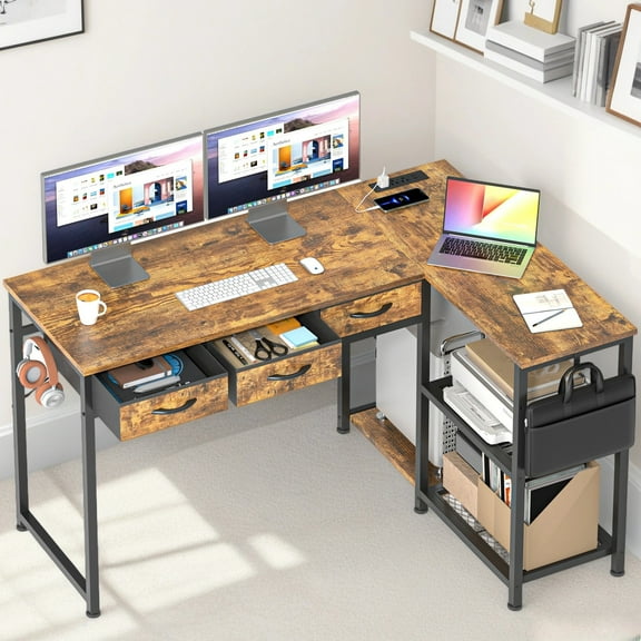 Computer Desk L Shaped, Lofka 53 Inch Gaming Desk with Storage Drawers|Charging Station|Shelf for Home Office, Retro Brown
