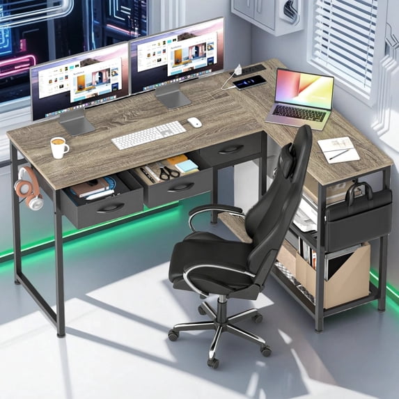 Gaming Desk, 51" L Shaped Computer Desk, Reversible with Storage Drawers for Home Office, Gray