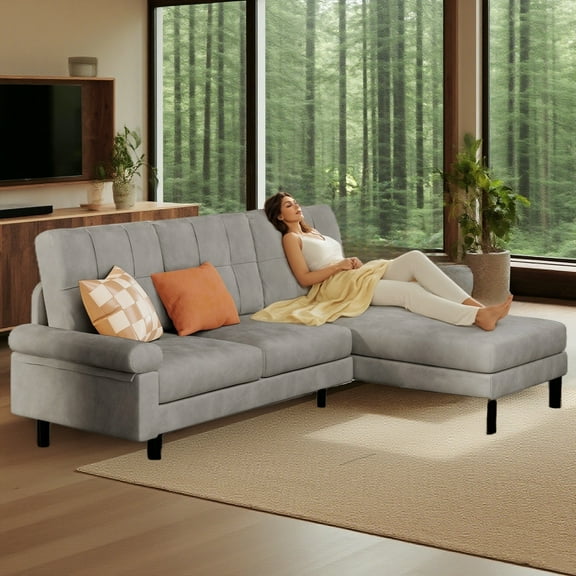 Lofka 82" L-Shaped Couches for Living Room, 3 Seat Convertible Sofa with Soft Velvet, Removable Pillows & Armrests, Thick 5.5" cushions, Dark Gray