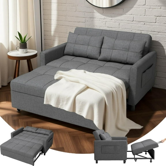 Lofka Futon Sofa Bed, 3 in 1 Convertible Recliner Sleeper with Adjustable Backrest, Pull Out Couch for Apartment Studio House, Linen Fabric, Dark Gray