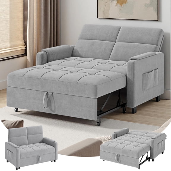 Sofa Bed, Lofka 51" 3-in-1 Convertible Sleeper Couch - Pull-Out Bed, Adjustable Backrest for Living Room Apartment, Flocked Fabric, Gray