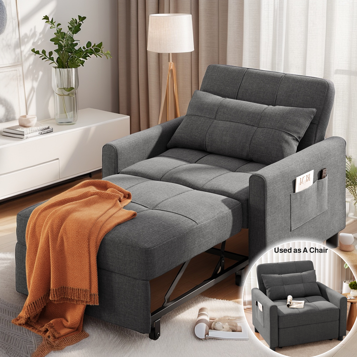 Lofka Convertible Sofa Bed with 3 Levels Adjustable Backrest, 3-in-1 Sofa Bed for Apartment, Dark Gray