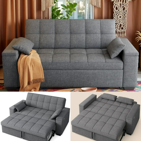 70" 3 in 1 Convertible Sleeper Sofa Bed,Pull Out Couch Bed with Adjustable Backrest and Side Pocket for Living Room, Bedroom,Linen Loveseat,Dark Gray