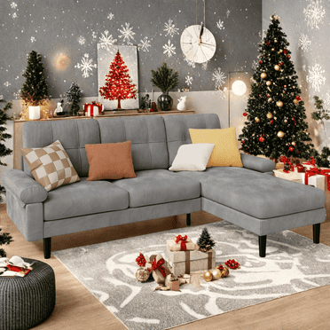 Lofka Convertible Sofa and Velvet L Shaped Sectional Couch Bed with 5" Thick Cushions for Living Room and Office Gray