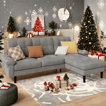 Lofka Convertible Sofa and Velvet L Shaped Sectional Couch Bed with 5" Thick Cushions for Living Room and Office Gray