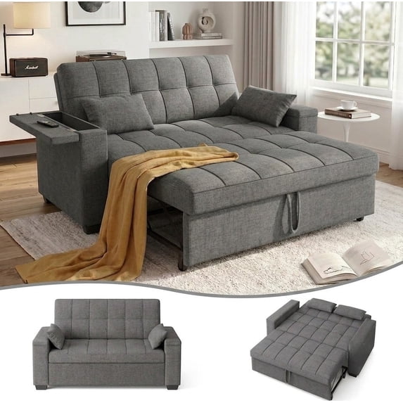 48''W Sleeper Sofa Bed with Large Storage, Lofka Convertible Pull Out Couch Futon for for Living Room, Apartment (Darkgrey, Loveseat) Side Pockets, Adjustable Backrest, Pull-Out Bed, Easy Assembly