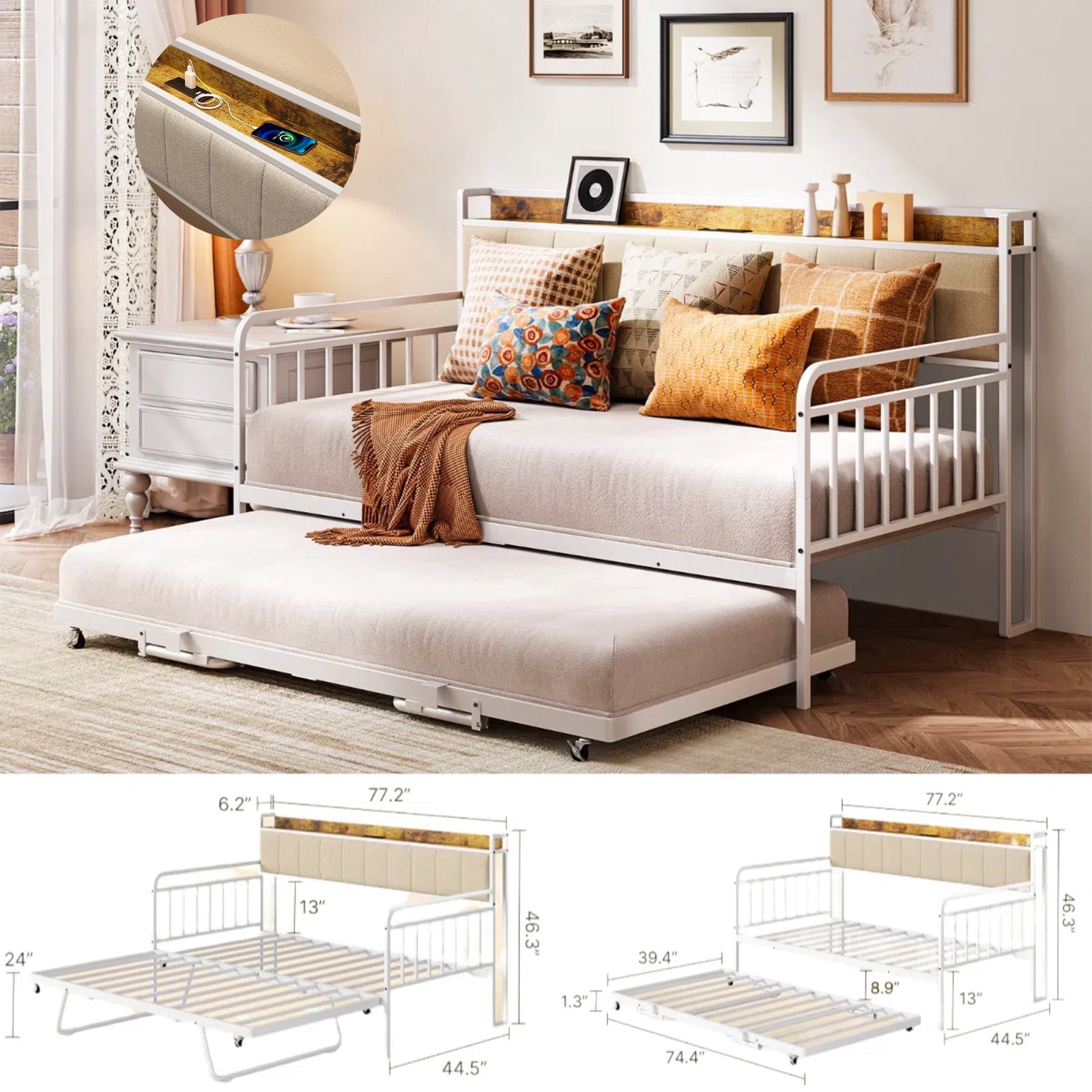 Lofka Daybed with Charging Station, Height Adjustable Twin Daybed