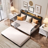 Full Daybed with Trundle, Lofka 99.2"Full Size Bed Frame with Upholstered Headboard and Charging Station, Height Adjustable Day Bed Pop Up Trundle Bed Full for Bedroom