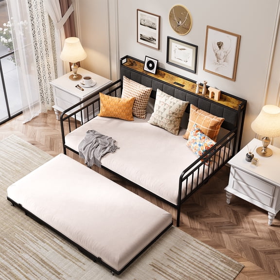 Full Daybed with Trundle, Lofka 99.2"Full Size Bed Frame with Upholstered Headboard and Charging Station, Height Adjustable Day Bed Pop Up Trundle Bed Full for Bedroom