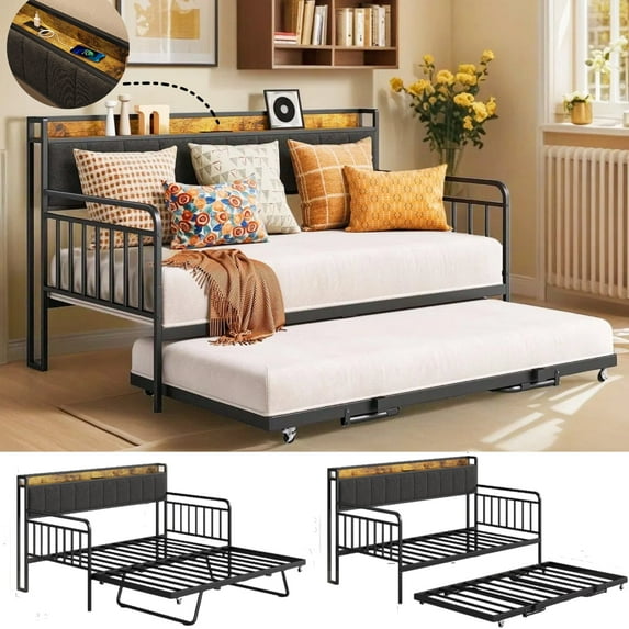 Daybed with Trundle, Lofka Sturdy Metal Twin Size Bed Frame with Upholstered Headboard and Charging Station, Height Adjustable Day Bed Pop Up Trundle Bed Twin for Living Room, Bedroom and Guest Room