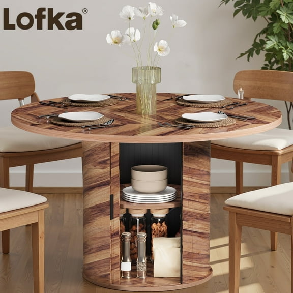47 inch Round Dining Table, Lofka Modern Farmhouse Circle Kitchen Table with 2-Layer Storage Shelf and Sliding Door for Kitchen, Living Room (Brown)