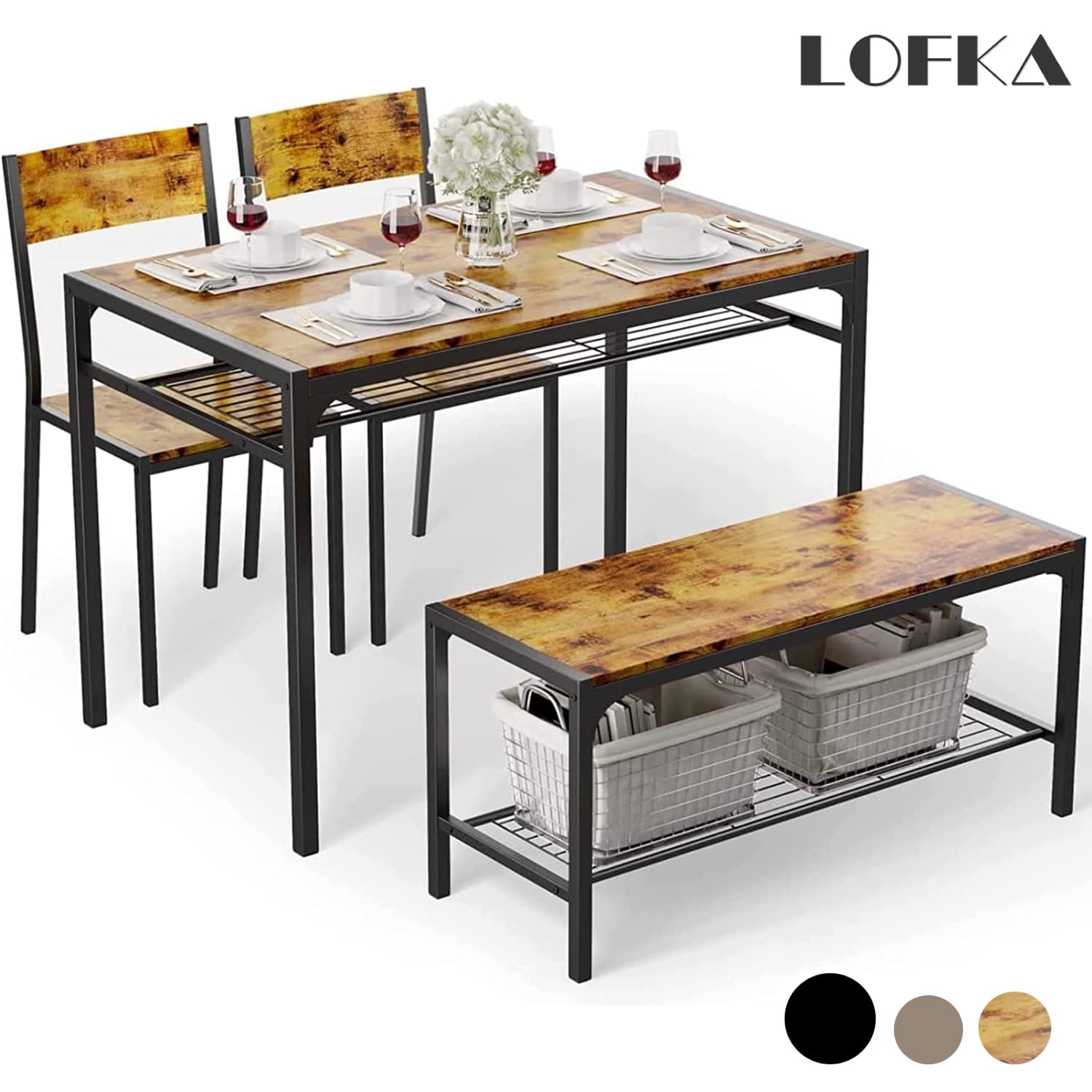 Lofka Dining Table Set Set for 4 with Bench & 2 Chairs for