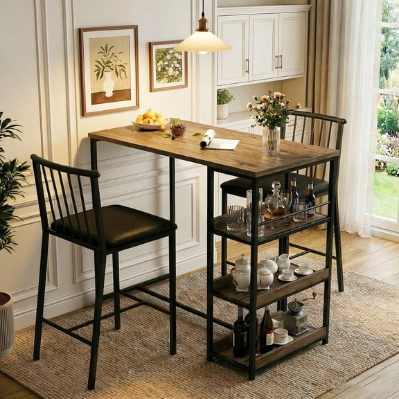 Dining Table Set for 2 with 3 Storage Shelves, Lofka  Kitchen Table and Chairs for 2 with Pu Cushion Chairs & Thick Wood Top, 3 Piece Dining Table Set for Small Space - Grey