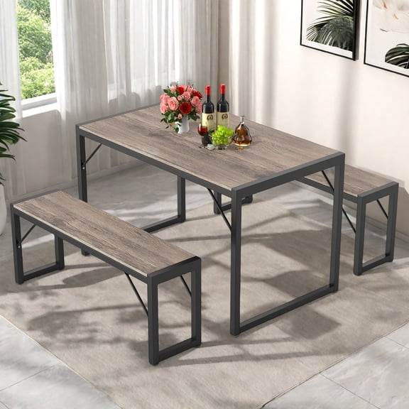 Lofka Dining Table Set for 4, Kitchen Table Set with 2 Benches, for Breakfast Nook and Small Space, Grey