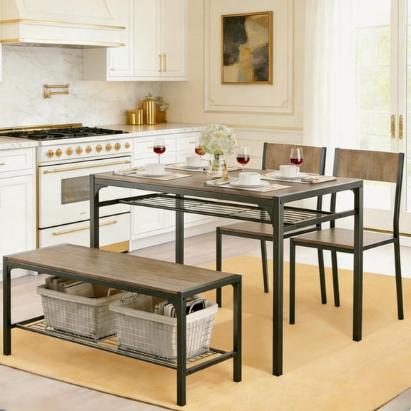 Dining Table Set for 4, Lofka Wooden Kitchen Table Set with Bench and 2 Chairs for Small Space | Dining Room, Gray