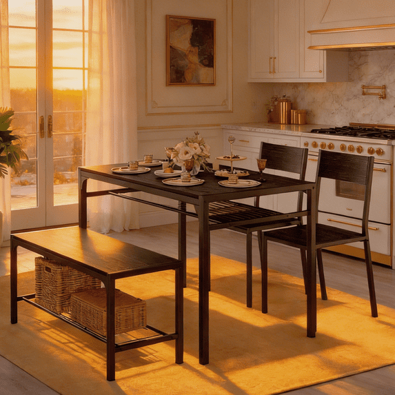 Dining Table Set for 4, Lofka Wooden Kitchen Table Set with Bench and 2 Chairs for Small Space | Dining Room, Black