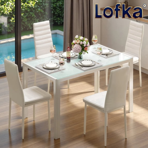 Dining Table Set for 4, Lofka Modern Glass Kitchen Table with 4 PU Leather Chairs for Breakfast Nook Small Spaces, White