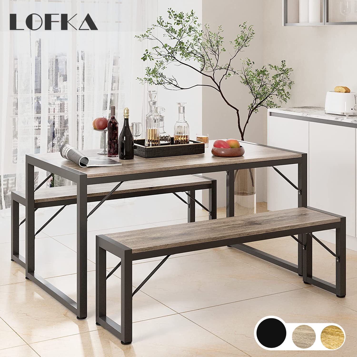 Lofka Dining Table Set for 4 with 2 Benches, 45.5" Modern Kitchen Table Set, 550lbs, Gray