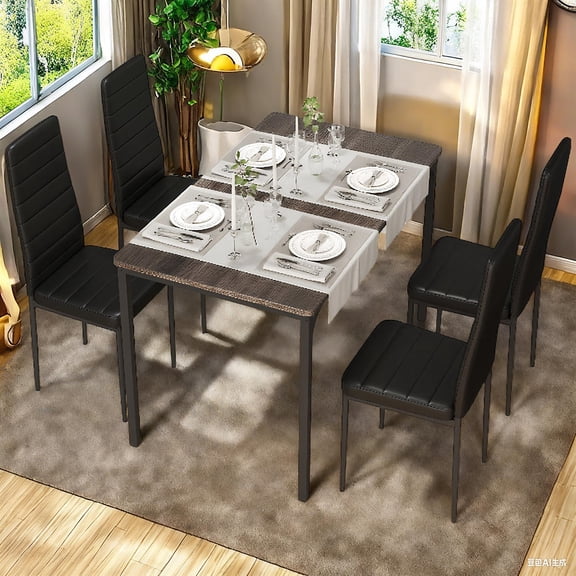 Lofka 5-Piece Modern Dining Table Set with Wooden Tabletop and 4 PU Leather Chairs for Small Spaces,Gray
