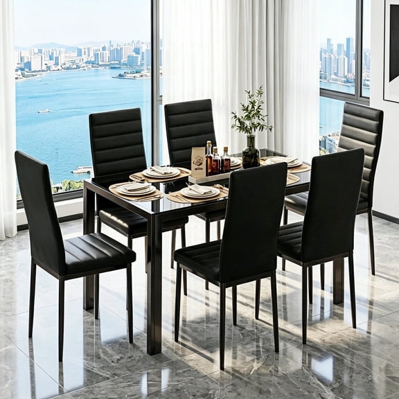 Lofka 6-Person Dining Table Set for 6, Black Tempered Glass Kitchen Table Set with Faux Leather Chairs