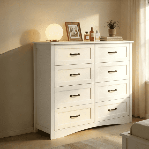 Lofka Dresser for Bedroom with 8 Drawers, Wooden Chest  with Metal Handle for Living Room, White