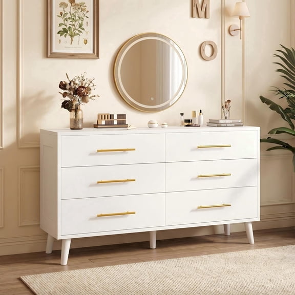 Lofka Dresser for Bedroom with 6 Drawers, Wooden Chest  with Metal Handle for Living Room, White