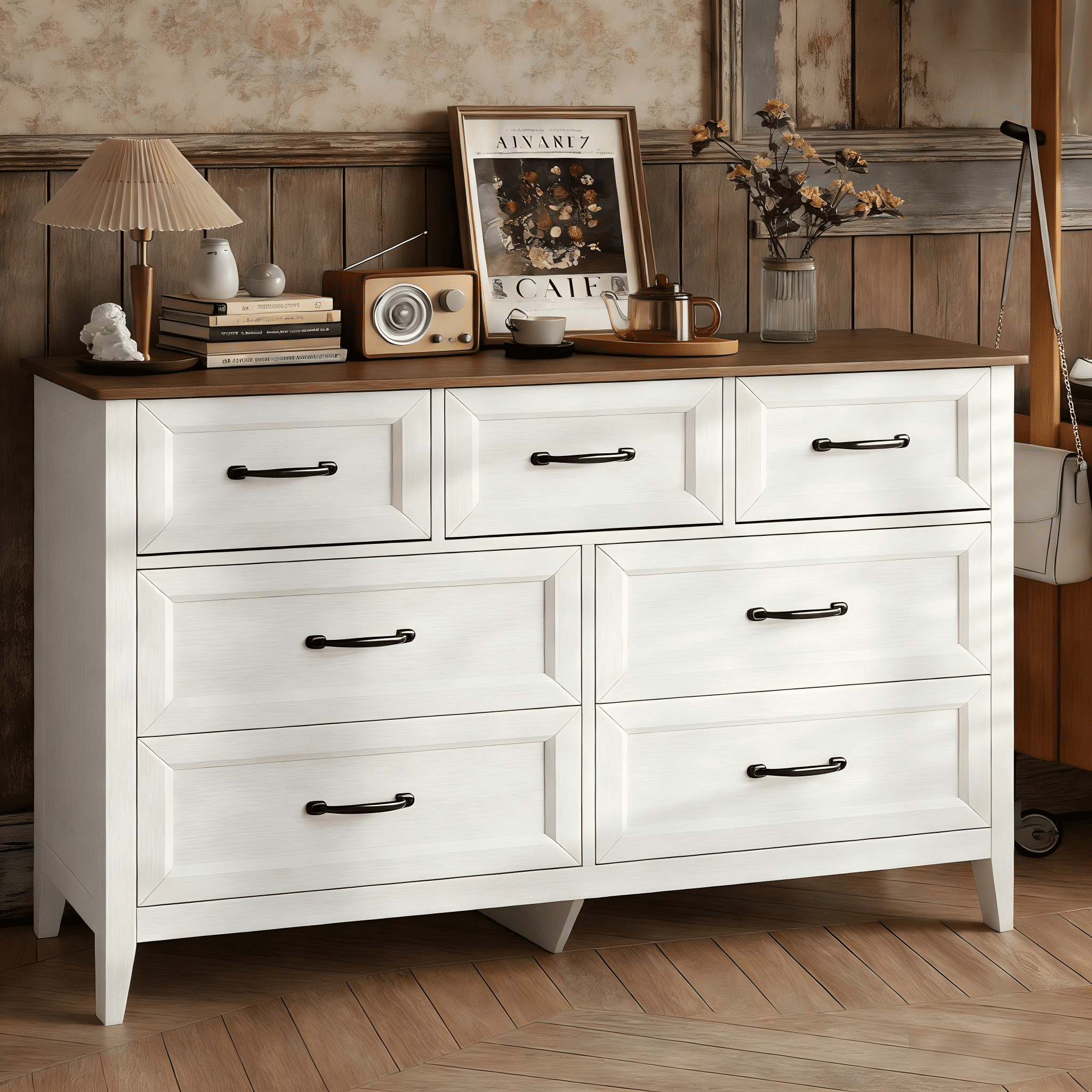 Lofka 47.2" Dresser for Bedroom with 6 Double Drawers, Farmhouse Wood  Storage Cabinet with Smooth Metal Handle