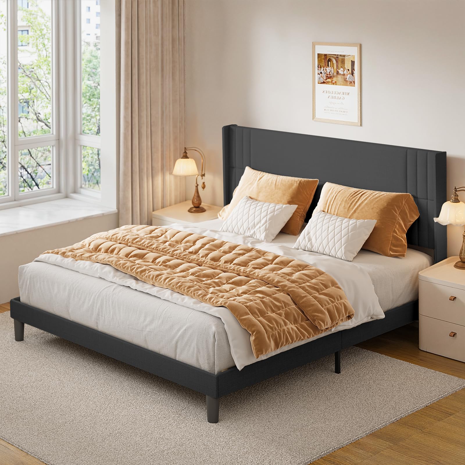 Lofka Full Bed Frame with Wingback Headboard, Upholstered Platform Bed