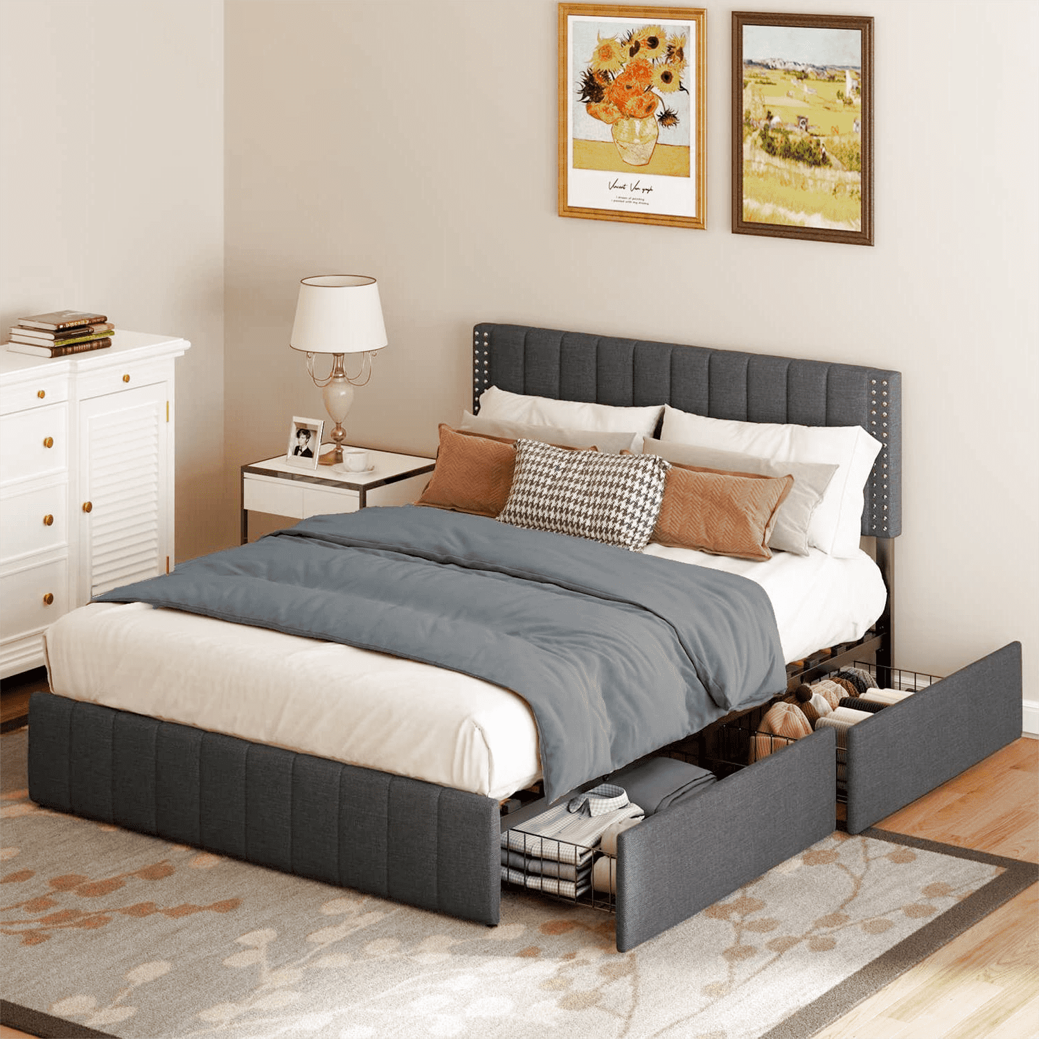 Lofka Full Size Dark Grey Bed Frame with 4 Storage Drawers and Adjustable Headboard