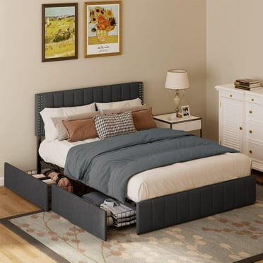 Lofka Full Bed Frame with 4 Drawers(Wheeled) and Adjustable Headboard Platform Bed Dark Grey