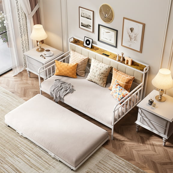 Lofka Full Daybed with Charging Station, Height Adjustable Twin Daybed with Trundle, Metal Sofa Bed Frame with Steel Slat Support for Living Room, Bedroom and Guest Room,White
