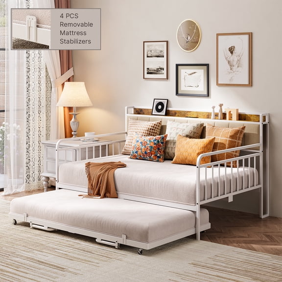 Lofka Full Daybed with Charging Station, Height Adjustable Full Daybed with Trundle, Metal Sofa Bed Frame with Steel Slat Support for Living Room, Bedroom and Guest Room,White