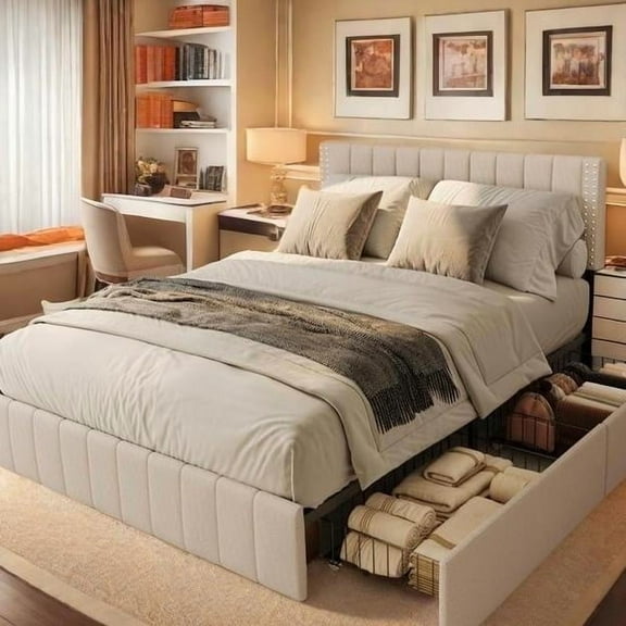 Lofka Full Size Bed Frame, Metal Platform Bed Frame with Storage Drawers and Headboard Adjustable, Beige