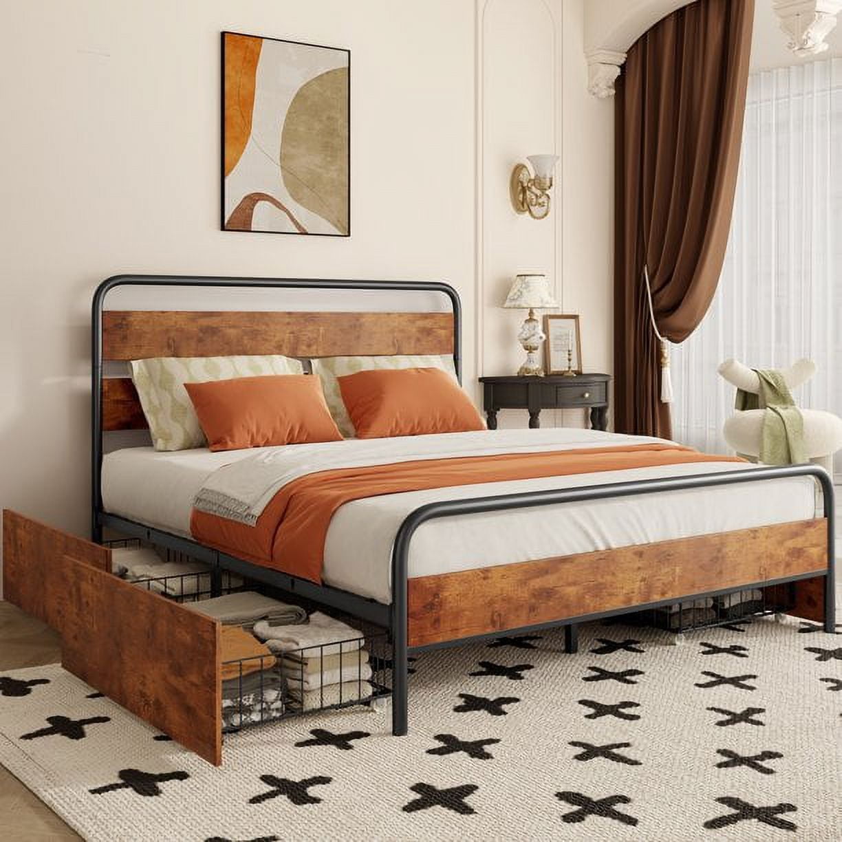 Lofka Full Size Bed Frame with 4 Storage Drawers Steel Frame 1000lbs Retro