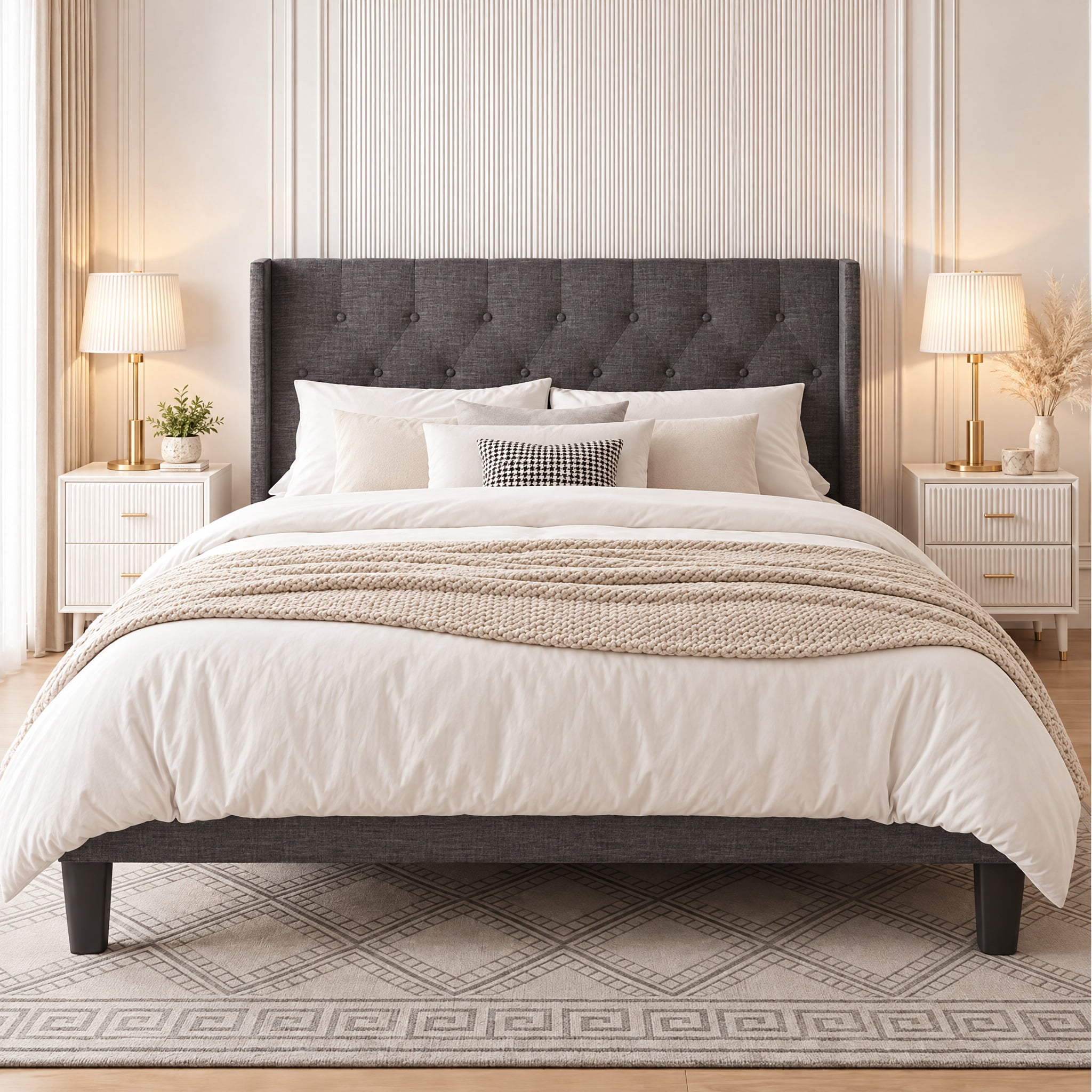Lofka Full Bed Frame with Wingback Headboard for Bedroom, Dorm & Apartment, 800lbs, Dark Gray