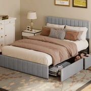 Lofka Full Size Bed Frame with Storage Drawers and Adjustable Headboard Bed Frame Light Grey