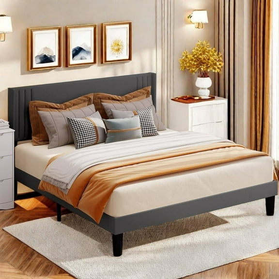 Lofka Full Size Bed Frame with Upholstered Headboard, Metal Bed Frame Hold 850 lbs, Dark Gray