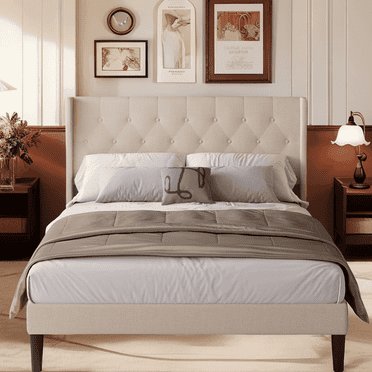 Lofka Full Size Bed Frame with Upholstered Headboard, Metal Bed Frame with Wooden Slats, Beige
