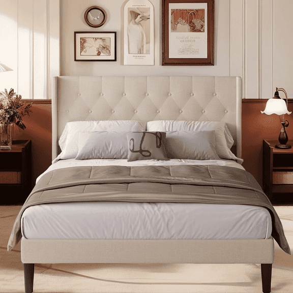 Lofka Full Size Bed Frame with Upholstered Headboard, Metal Bed Frame with Wooden Slats, Beige