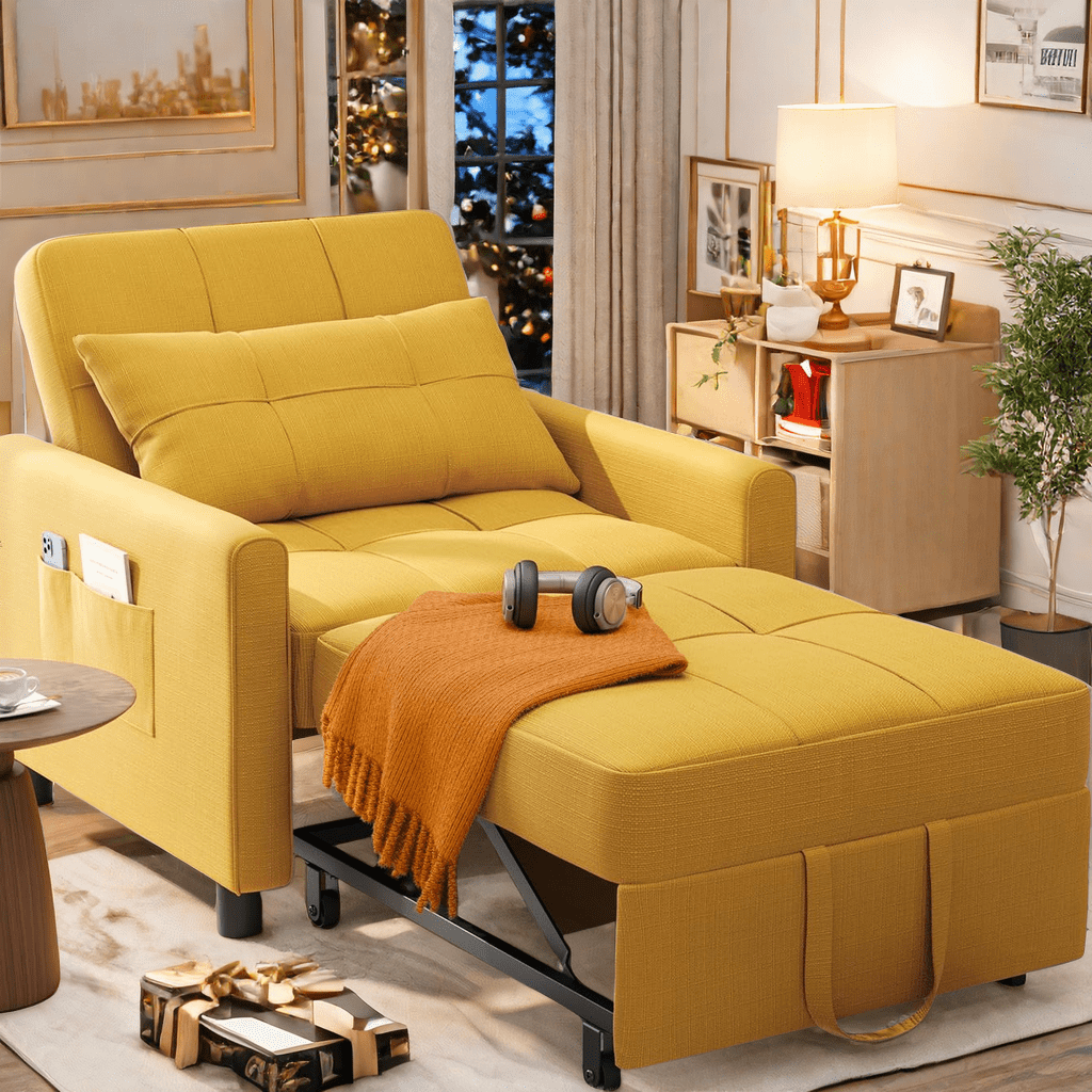 Sleeper Chair, Lofka 3 in 1 Convertible Single Sofa Bed with Adjustable Backrest, Futon Couch for Living Room, Bedroom, Yellow