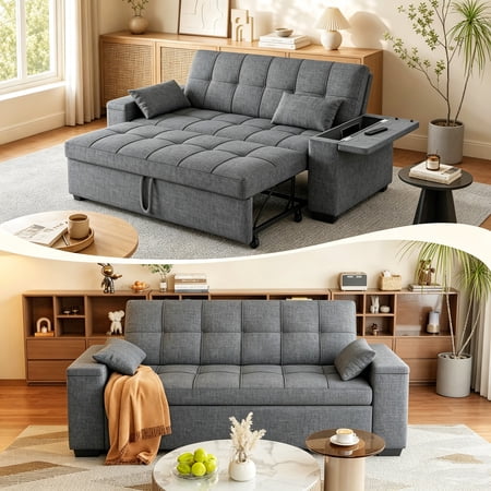 Lofka 69.6" Sleeper Sofa Bed, 3-in-1 Convertible Loveseat with 7.8" Wide Storage Armrests, Heavy Duty 600lbs Steel Frame Sofa Couch for Living Room & Apartment, Dark Grey