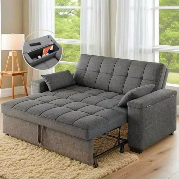 Lofka 69"  Futon Sofa Bed, 3 in 1 Queen Size Living Room Sleeper Loveseat with Pull Out Couch,Storage Armrest & Adjustable Backrest,Dark Grey