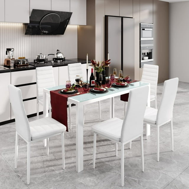 Lofka Glass Kitchen Table and Chairs Set with 6 Soft High Back Chairs