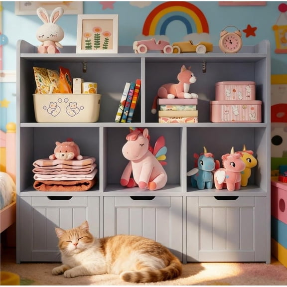 Lofka Gray Kids Storage Organizer & Bookcase, 3 Movable Drawers & 6 Open Shelves, Ideal for Nursery, Playroom & Bedroom