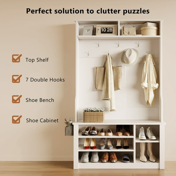 Lofka Hall Tree with Bench and Shoe Storge, Coat Rack with Storage and hooks, for Entryway|Living Room|Bedroom,White